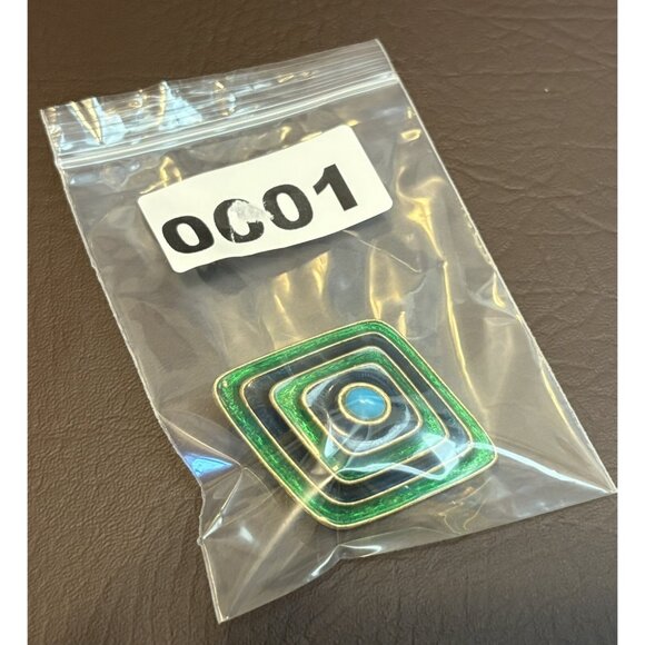 Vintage FLORENZA Blue & Green Enamel Gold Tone Brooch Geometric Modernist - Picture 8 of 8